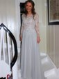 Long Sleeves Floor Length Backless Mother Of The Bride Dress Grey and In for Prom and Party with Appliques