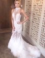 Mermaid Backless Prom Evening Gown White and In for Prom with Appliques Court Train