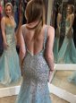 Mermaid Backless Floor Length Multi-color Dress for Prom Tulle Sleeveless Beading