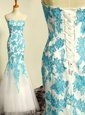 Stunning Mermaid Floor Length Blue and Blue And White Tulle Sleeveless Appliques