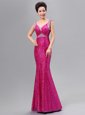 Fuchsia Mermaid V-neck Sleeveless Sequined Floor Length Zipper Sequins Dress for Prom