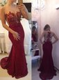Popular Mermaid Scoop Sleeveless Chiffon With Train Court Train Zipper Celebrity Prom Dress in Burgundy for with Beading and Appliques and Bowknot