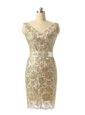 Graceful Champagne V-neck Neckline Beading and Lace Dress for Prom Sleeveless Zipper