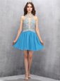 Dynamic Baby Blue A-line Chiffon Halter Top Sleeveless Beading and Bowknot Mini Length Zipper Prom Evening Gown
