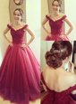 Off the Shoulder Floor Length A-line Sleeveless Fuchsia Dress for Prom Lace Up