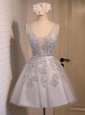 Grey Lace Up Dress for Prom Beading and Appliques Sleeveless Mini Length