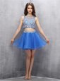 Flirting Blue Two Pieces Organza Scoop Sleeveless Beading Mini Length Zipper Club Wear