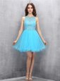 Fine Scoop Beading Prom Evening Gown Baby Blue Zipper Sleeveless Knee Length