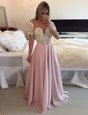 Luxurious A-line Homecoming Dress Pink Scoop Chiffon Short Sleeves Floor Length Zipper