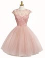 Vintage Scoop Cap Sleeves Zipper Prom Party Dress Pink Tulle