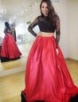 Smart Satin High-neck Long Sleeves Backless Lace Prom Evening Gown in Red