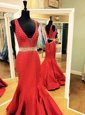 Mermaid V-neck Sleeveless Satin Oscars Dresses Beading Sweep Train Zipper