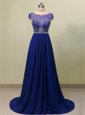 Dazzling Scoop Royal Blue Zipper Prom Gown Beading Cap Sleeves With Brush Train