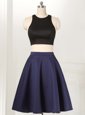 Charming Navy Blue A-line Satin and Elastic Woven Satin Scoop Sleeveless Ruffles Knee Length Zipper Homecoming Gowns