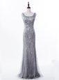 Mermaid Satin and Tulle Square Sleeveless Brush Train Zipper Beading and Sequins Prom Evening Gown in Grey