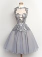 Scalloped Grey A-line Appliques Prom Evening Gown Zipper Chiffon Cap Sleeves Knee Length
