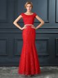 Mermaid Scoop Cap Sleeves Floor Length Lace Up Prom Dresses Red and In for Prom and Party with Beading
