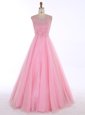 Custom Design A-line Prom Party Dress Baby Pink Scoop Satin Sleeveless Floor Length Backless