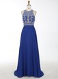 Luxury Scoop Royal Blue A-line Beading Celebrity Dresses Criss Cross Chiffon Sleeveless With Train
