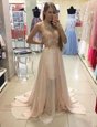 Customized Champagne Dress Like A Star Prom and For with Beading Scoop Sleeveless Brush Train Zipper