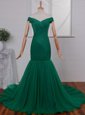 Modern Mermaid Green Zipper Off The Shoulder Ruching Red Carpet Prom Dress Tulle Sleeveless Court Train