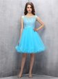 Scoop Knee Length Zipper Prom Dress Blue and In for Prom with Beading and Appliques