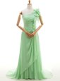 One Shoulder Sleeveless Sweep Train Lace Up With Train Ruffles and Hand Made Flower Mother Of The Bride Dress