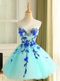 Graceful Scoop Blue Organza Zipper Prom Gown Sleeveless Mini Length Beading and Appliques