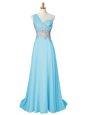 Amazing One Shoulder Aqua Blue A-line Beading Prom Party Dress Side Zipper Chiffon Sleeveless With Train