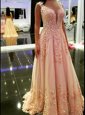 New Arrival Peach V-neck Backless Appliques Prom Party Dress Sleeveless