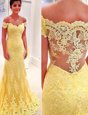Fabulous Mermaid Off the Shoulder Short Sleeves Lace Side Zipper Womens Evening Dresses Yellow and In for Prom with Appliques Brush Train