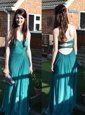 Sleeveless Floor Length Ruching Backless Prom Dress with Teal