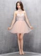 Baby Pink A-line Tulle High-neck Sleeveless Beading and Sequins Mini Length Zipper Prom Dresses