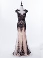 Mermaid Scoop Cap Sleeves Backless Evening Dresses Black and In for Prom and Party with Appliques Brush Train