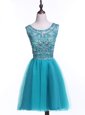 Flare Scoop Mini Length Teal Prom Gown Tulle Sleeveless Beading and Sequins