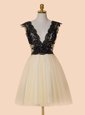 V-neck Cap Sleeves Evening Dress Knee Length Appliques and Sequins Champagne Organza