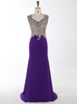 Discount Mermaid Purple V-neck Zipper Beading and Appliques Evening Dress Brush Train Sleeveless