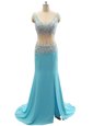 Mermaid Aqua Blue Zipper V-neck Beading Prom Gown Chiffon Sleeveless Brush Train