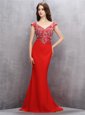 Dramatic Mermaid Red V-neck Neckline Beading and Sequins Evening Gowns Sleeveless Zipper