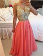 Fitting Watermelon Red A-line Chiffon V-neck Sleeveless Beading and Appliques Floor Length Backless Homecoming Dress