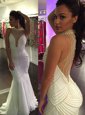 Mermaid High-neck Sleeveless Sweep Train Criss Cross Prom Evening Gown White Tulle