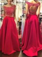 Low Price Off the Shoulder Red Sleeveless Satin Sweep Train Backless Celebrity Evening Dresses for Prom and Party