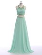 Modest Criss Cross Scoop Sleeveless Homecoming Dress With Train Sweep Train Beading Apple Green Chiffon