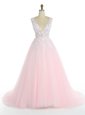 Pink V-neck Neckline Appliques Prom Dresses Sleeveless Zipper
