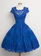 Royal Blue A-line Lace Square Cap Sleeves Lace Knee Length Zipper Junior Homecoming Dress
