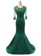 Luxurious Mermaid Satin Scoop 3|4 Length Sleeve Brush Train Zipper Beading Celebrity Evening Dresses in Green