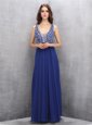 A-line Runway Inspired Dress Royal Blue V-neck Chiffon Sleeveless Floor Length Zipper