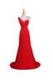 One Shoulder Coral Red Satin Backless Sleeveless Court Train Beading
