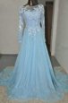 Custom Designed Baby Blue Prom Dress Prom and Party and For with Appliques and Belt Bateau Long Sleeves Court Train Zipper