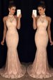 Simple Mermaid Halter Top Sleeveless Chiffon With Brush Train Backless Red Carpet Gowns in Baby Pink for with Lace